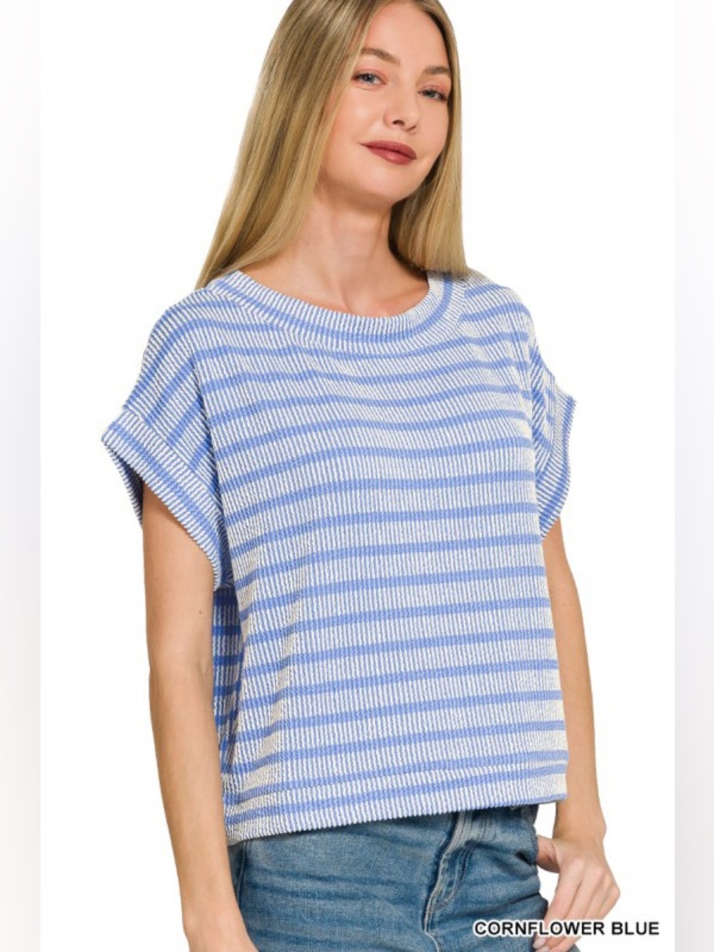 Casual Raised Rib Striped Knit Top - Cornflower Blue